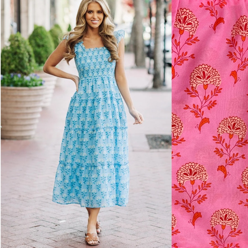 J Marie Pink Ella Ann Ruffle Strap Smocked Tiered Floral Midi Dress M Cottage
